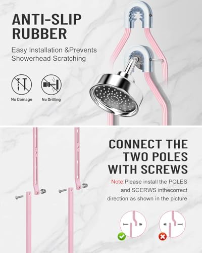Adjustable Shower Caddy Hanging for Handheld Showerheads - Never Rust Shower Hanging Organizer, Upgraded Bathroom Shower Rack with Soap Basket, Hooks and Toothbrush Holder (Pink)