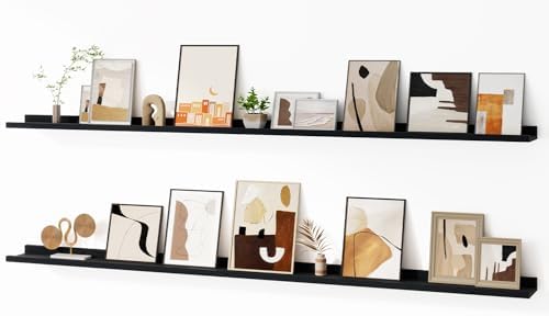 Floating Picture Ledge Shelves for Wall Set of 2, 72 Inches Picture Ledge Shelf with Long Large Nursery Book Shelf for Toys Storage Kids Bookshelf Wall Mounted Living Room Bedroom Decor Frames, Black