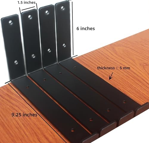 4 Pack - 9.25" L x 6" H x 1.5" W J Lip Shelf Brackets Rustic Farmhouse Iron Wall Floating Shelf Bracket Metal Shelf Bracket Industrial Shelf Supports with Screws Black