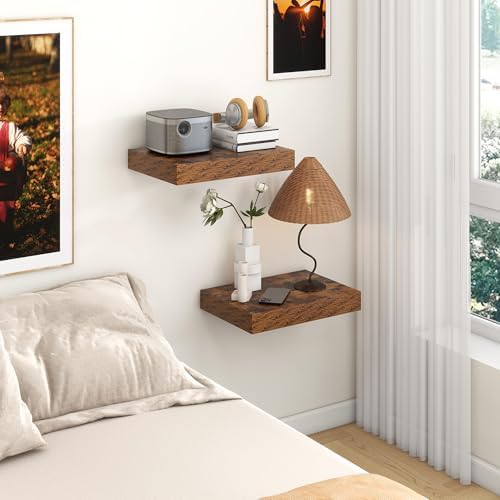 FLYJOE 12 Inch Deep Floating Shelves, 16 Inch Brown Wall Shelves Set of 2