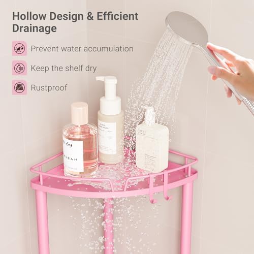 ELYKEN Corner Shower Caddy Standing, 3 Tier Metal Shower Organizer, Pink | Stainless Steel Shower Shelves with Soap Holder, Adjustable Feet & 2 Hooks for Storing Bath Essentials in Bathroom corner