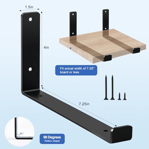 10 Pack - 7.25" L x 4" H x 1.5" W J Lip Shelf Brackets Rustic Farmhouse Iron Wall Floating Shelf Bracket Metal Shelf Bracket Industrial Shelf Supports with Screws Black