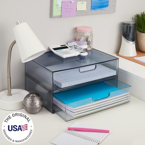 STORi STAX Plastic Stackable Organizer Drawers (Set of 2) Classic Grey | 12.5" Wide | Set Includes Two Open Drawer | Organize Office Desk Accessories & Sort Paper | Made in USA (Pack of 2)