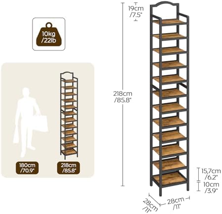 YATINEY 12-Tier Tall Shoe Rack, Vertical Shoe Organizer for Small Spaces, Wooden Shoe Shelf for Entryway, Space Saving Shoe Storage, Holds 12 Pairs of Shoes, Rustic Brown and Black SS52BR