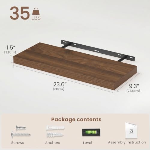 Vivelove Floating Shelves 9 inch Deep 24”Long Set of 2, Walnut | Easy Install With Hardware, 1.5" Thick, Invisible Brackets, Wall Mounted, No Sagging, For Any Room