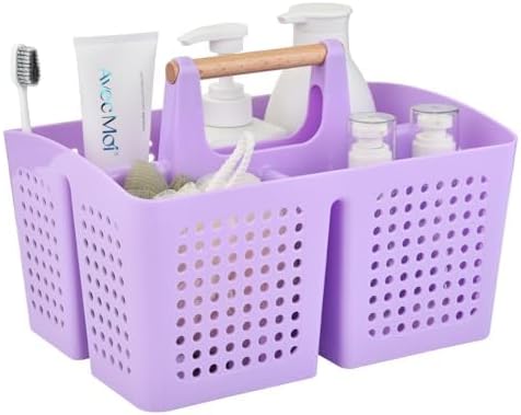 Portable Shower Caddy Basket with 3 Compartments and Handle, Purple | Plastic Divided Beauty Caddy Organizer for Hair Care, Cosmetics, Toiletries, Craft Supplies, Dorms and Vanities