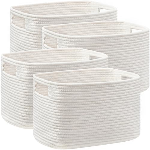 4 Pack Storage Baskets for Organizing, Shelf Baskets with Handles, White