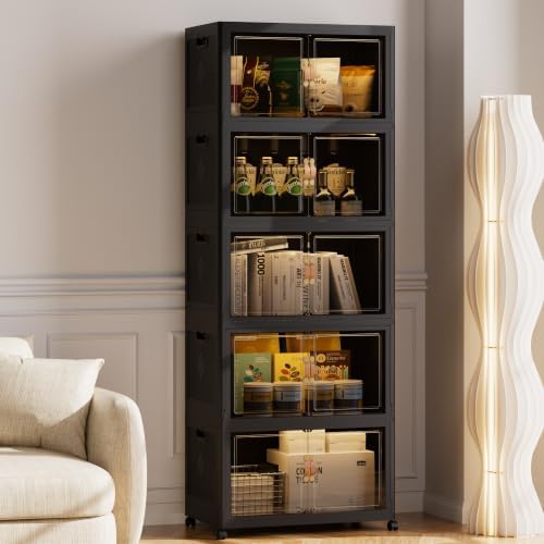 SAILUN 825QT/206Gal Stackable Storage Bins with a Lid, Collapsible Storage Bins With Doors, Folding Cabinet for Home Closet Organization,5 Pack-30 W x 19.7" D x 80.9" H Black