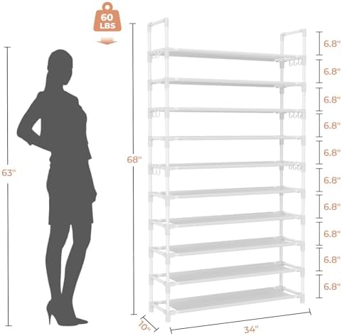 LANTEFUL Tall Shoe Rack 10 Tier Shoe Organizer Large Shoe Shelf with 18 Hooks Storage for 50 Pair Sneaker and Boot, Stackable Vertical Shoe Rack Organizer for Closet, Entryway, Bedroom, White