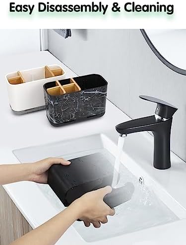 GFWARE Black Toothbrush Holder with Drainage, Bathroom Organizer, Large | 5 Slots Toothbrush and Toothpaste Holder with Bamboo Divider, Kids Electric Toothbrush Holder for Bathroom Sink Organize