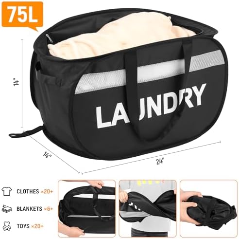 Collapsible Laundry Baskets with Lid, Foldable Clothes Hamper with Reinforced Handles, Sturdy Pop Up Hampers for Laundry, Tear Proof & Easy to Carry Laundry Hamper for Home, Dorm, Travel Black