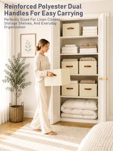 10 Pack Large Closet Storage Baskets Bins for Shelves, Collapsible Fabric Closet Organizers and Storage with Polyester Handles, Decorative Baskets for Organizing Clothes, Towels, Linen Closet 14"x10"