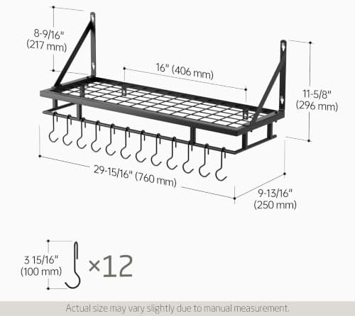 KES 30-Inch Kitchen Pan Pot Rack Wall Mounted, Hanging Storage Organizer | 88 Lbs Capacity, Wall Shelf with 12 Sturdy Hooks, 16-Inch Stud Mount, Matte Black, KUR215S75A-BK