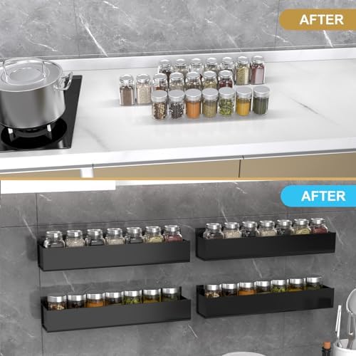 PMMASTO 4-Pack Black Acrylic Spice Rack Organizers for Cabinet Doors | Nano Double-Sided Tape or Screw Mounting, for Cabinet And Pantry Doors, Stores Spices, Bathroom Supplies And Small Items