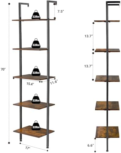 ELYKEN Ladder Shelf, 5-Tier Wood Wall Mounted Ladder Bookshelf | Leaning Storage Shelves with Metal Frame, Vintage Open Display Organizer Rack for Living Room, Bedroom, Home, Rustic Brown