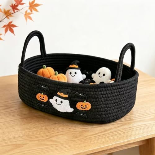 Cute Halloween Ghost & Pumpkin Woven Storage Basket(Black
