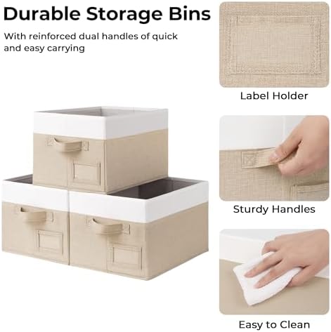 GRANNY SAYS Closet Storage Bins with Label, Khaki&Ivory, Medium, 3-Pack