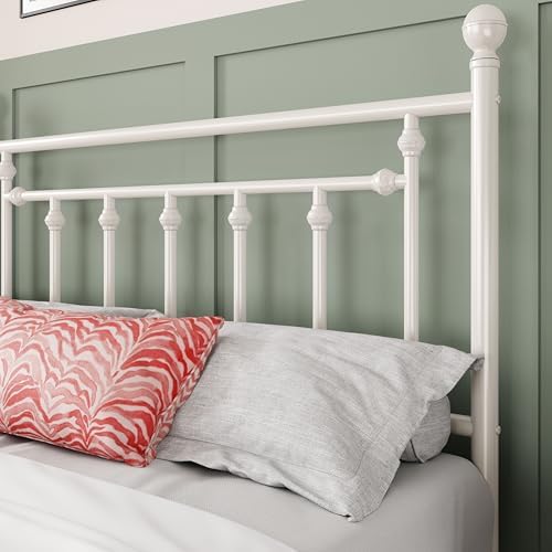 Allewie 14'' Full Size Metal Platform Bed Frame, Vintage Headboard, White