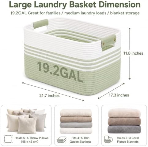 19.2GAL Sturdy Large Laundry Basket with Handles for Bathroom, Dorm Dirty Clothes, Portable Aesthetic Boho Cute Woven Storage Blanket Baskets for Living Room Decor Girls Boys Pets Toys White Green