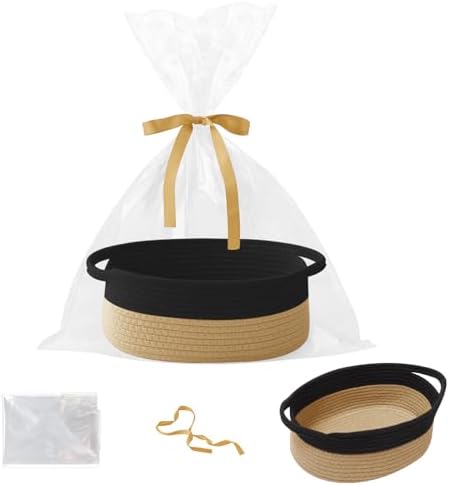 Woven Rope Basket,Baby Gift Basket with Bag & Ribbon, Black&Jute