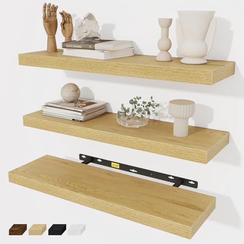 Fun Memories Floating Shelves Wall Shelf 24 inches Long, Farmhouse Bathroom Shelves Bedroom Kitchen Living Room Shelf Wall Mounted, 24 x 6.7 x 1.4 inch Set of 3, Oak Color