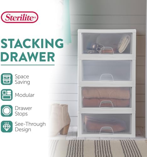 Sterilite Stacking Drawer Storage Organizer for Clothes, 16 Quart, 12-Pack