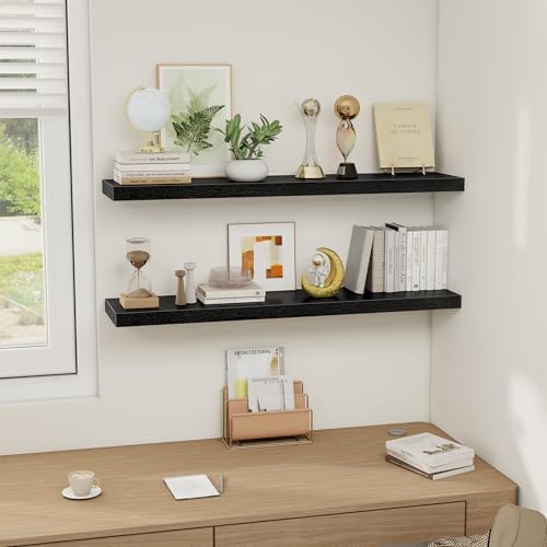 Black Floating Shelves Wall Shelf 40 Inch, 8 Inch Deep Floating Shelf for Wall, Farmhouse Black Wood Shelves Invisible Bracket for Living Room, Bedroom, Kitchen, 40 x 8 x 1.4 Inch, Set of 2