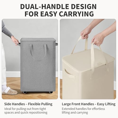 Goodpick 100L Large Rolling Laundry Basket with Wheels and Lid, Gray | 17.2" × 13.2" × 32" Collapsible Laundry Hamper for Clothes & Blanket, Bedroom & Bathroom Organization, Removable Wash Bag