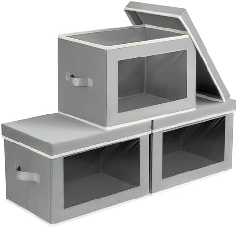 Homsorout Storage Bins, Storage Baskets for Shelves with Window, Fabric Storage Bins with Handle, Foldable Storage Cubes Boxes for Organizing for Clothes, Towels, Books, 3 Pack, Grey