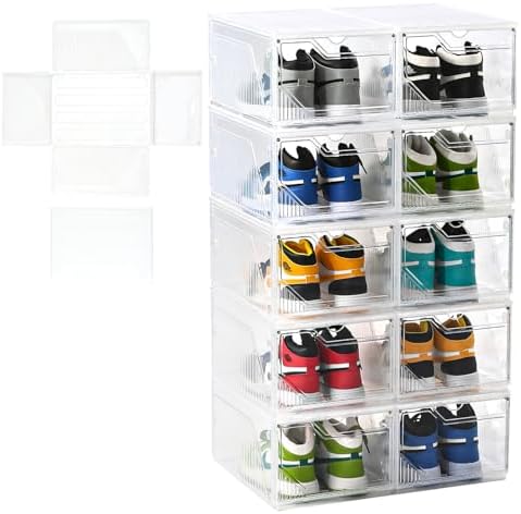 Large Shoe Boxes Clear Plastic Stackable，Drop Front Shoe Box with Clear Door, Shoe Containers For Sneaker Display,Fit up to US Size12 (white clear-Conjoined structure, 10 pack)