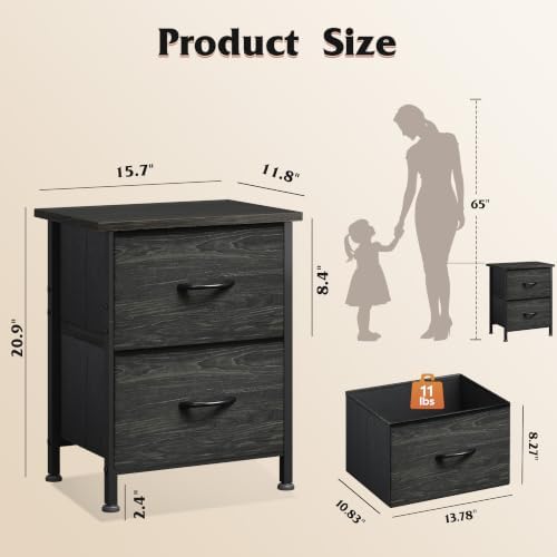 WLIVE Night Stand Set 2, Nightstand with 2 Fabric Drawers, Small Dresser for Bedroom, Bedside Table for Small Spaces, Dorm, Charcoal Black Wood Grain Print