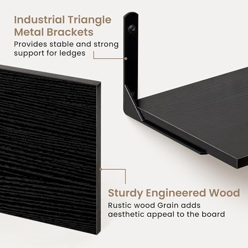 Fun Memories Deep Floating Shelves, 36W x 8D Floating Shelves Set of 2, Wall Mounted Shelf with Metal Brackets, Rustic Wood Wall Shelf for Bathroom, Kitchen and Living Room, Black