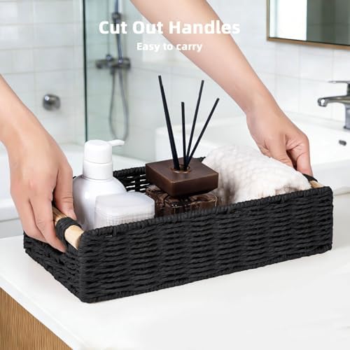 CubesLand Back of Toilet Storage Basket for Organizing W/Cut Out Handle | Handwoven Toilet Tank Top Paper Baskets, Wicker Decorative Basket for Countertop, Home Decor, Living Room, Nursery, Black