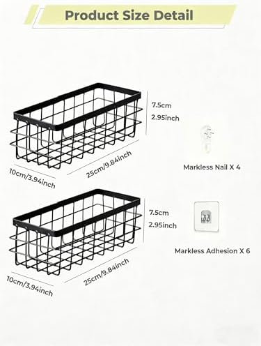 2 Pack Black Adhesive Metal Wire Wall Storage Baskets for Kitchen Bathroom