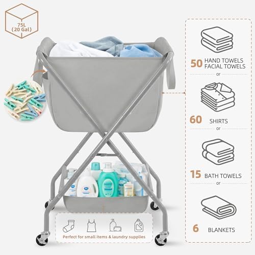 STORAGE MANIAC Collapsible Laundry Cart with Wheels 35.6"H Removable Canvas Bag Rolling Laundry Hamper Clothes Basket with Wheels, Sturdy Steel Frame Folding for Small Narrow Space Easy Storage, Grey