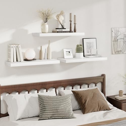 Fun Memories 12 Deep Floating Shelves for Wall | 30W x 12D Large Floating Shelves | 3 Pack Storage Space Wall Mount Shelf for Living Room Bathroom Toilet Laundry Room Kitchen Home Office - White