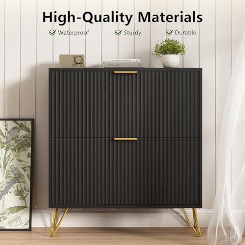 34.4" H Fluted Shoe Storage Cabinet with 2 Flip Drawers for Entryway, Black- Hidden Shoe Cabinet Storage, Narrow Free Standing Shoe Organizer, Shoe Rack Cabinet for Foyer Hallway