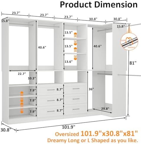 Vomavex Closet System with 4 sets, 101.9" Closet Organizer Systems with 6 Drawers & 8 Hanging Rods & Adjustable Shelves, Walk in Closet Standing Closet System, Corner Closet System Set, White