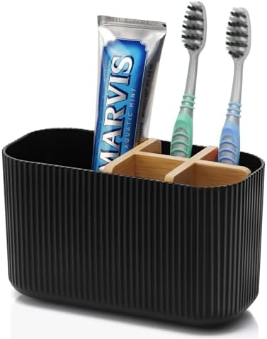 GFWARE Black Toothbrush Holder, 5 Slots Bathroom Organizers and Storage | Bamboo Toothbrush Holder, Kids Electric Toothbrush Holder and Toothpaste Storage for Bathroom Sink Organizer