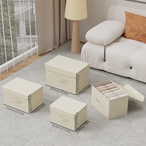 Cloth Storage Baskets with Handles,Beige 15x9.8x9.8in,5 Pack | Storage Boxes with Flip-Top Lids,Washable PP Panel Cube Drawer Organizers,Collapsible Underwear Divider Bins for Home