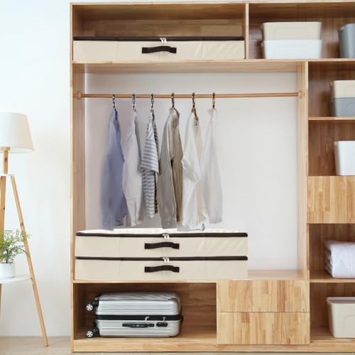 AMJ 2-Pack 4” Height Under-Bed Storage Baskets | Foldable Fabric Drawers for Clothes, Shoes, and Bedding, Beige
