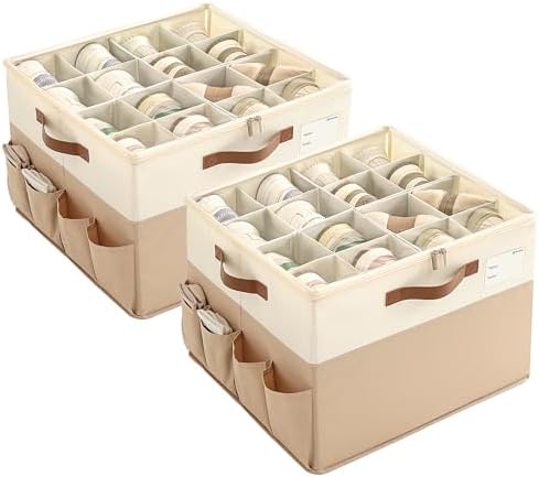 Varhomax Shoe Organizer Box 2 Pack for Closet, Fabric Shoe Storage Bin with Adjustable Dividers & Clear Cover, Holds up 16-32 Pairs of Sneakers & Sandals for Entryway, Cubby