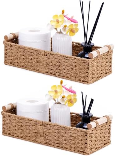 Woven Paper Rope Toilet Paper Basket with Wooden Handles - Rectangular Basket Organizer for Bathroom, Storage Basket for Towels, Diffuser (Beige, 2PACK-13.8" L x 5.7" W x 3.9" H)