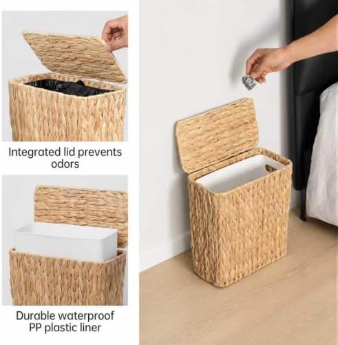 Coeusy 3 Gallon Wicker Trash Can,Small Bathroom Trash Can with Lid,Natural Water Hyacinth Wicker Waste Basket for Bedroom,Toilet,Narrow Garbage Can with Removable Liner