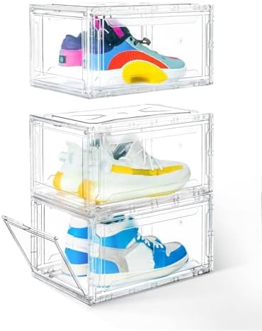 KDOR Shoe Boxes Clear Plastic Stackable 3 Pack Shoe Storage for Sneakerheads, Shoe Display Case Magnetic Door, Strong and Block of UV Protect your Shoes
