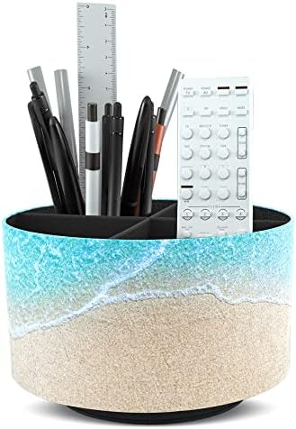 Round Leather Art Supply Organizer,Remote Control Holder,360 Degree Rotating,Multi-Functional Pencil Holder,4 Compartments Desktop Stationary Organizer(1-Sandbeach)