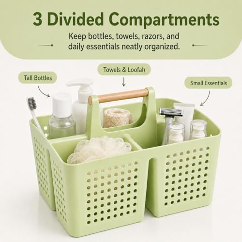 Portable Shower Caddy Basket with 3 Compartments and Handle, Grass Green | Plastic Divided Storage Caddy for Camping, RVs, Outdoor Showers, Bathrooms, Laundry Rooms and Cleaning Supplies