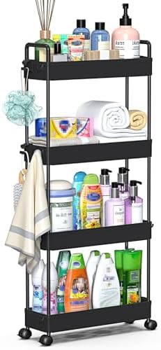 SOLEJAZZ Slim Rolling Storage Cart Skinny Bathroom Organizer, 4 Tier, Black