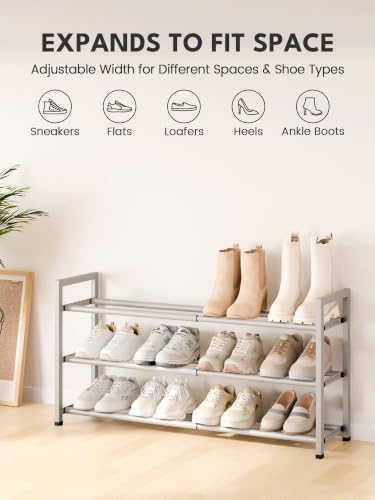 Bumusty 3 Tier Expandable Shoe Rack for Closet, Light Grey