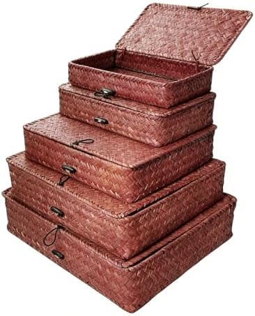 5 Pcs Seagrass Basket with Lid 5 Sizes Decorative Storage Boxes Rattan Wicker Storage Basket with Lids Woven Organizer Baskets Multipurpose Flat Storage Bins for Shelf Closet Bedroom (Dark Brown)